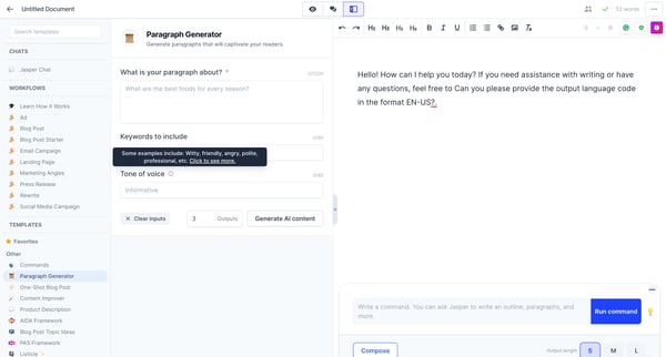 Paragraph Generator - Jasper screen