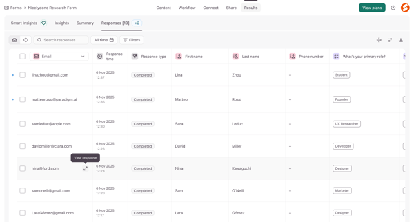 Typeform - Results Table screen