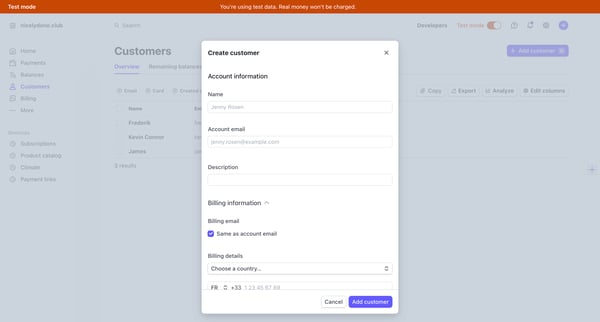 Customers – nicelydone.club – Stripe [Test] screen