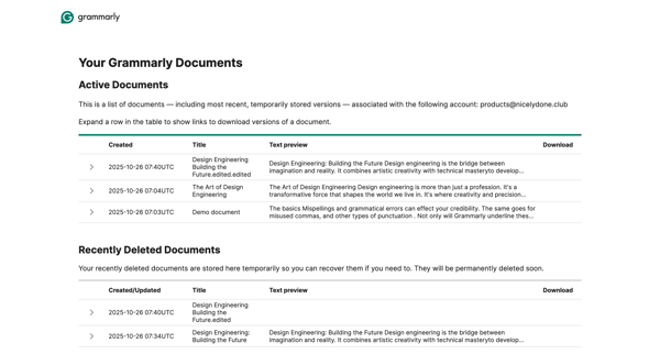 Your Grammarly Documents screen