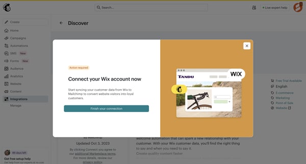 Wix | Mailchimp screen