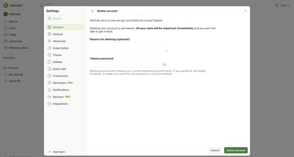 Delete account – Settings – Todoist screen