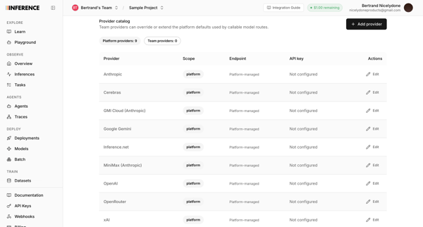 Settings | inference.net screen