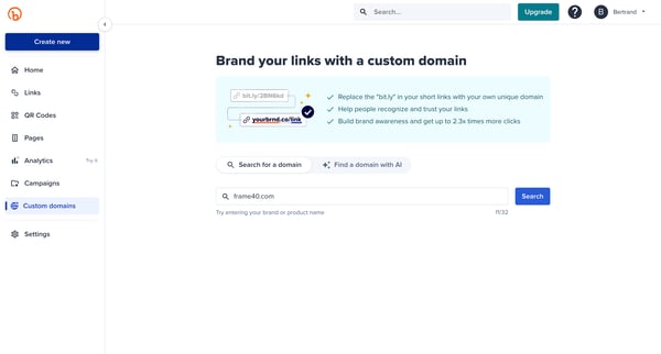 Bitly | Search for a domain screen