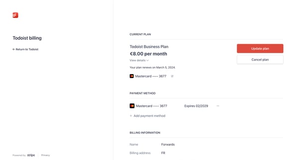 Todoist Billing screen