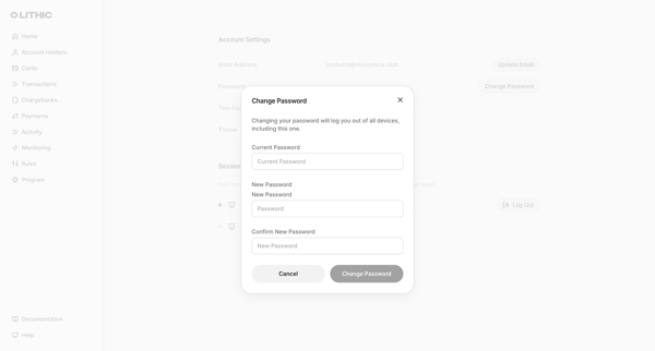 Lithic - Account Settings screen