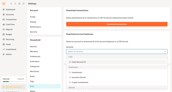 Delete transaction history in synced accounts screen