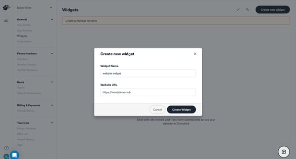 Site Widgets screen
