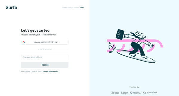 Surfe Registration screen