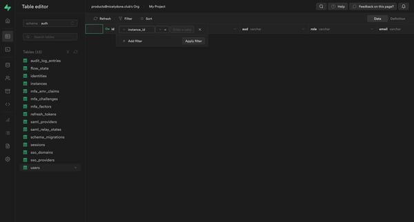 My Project | Supabase screen