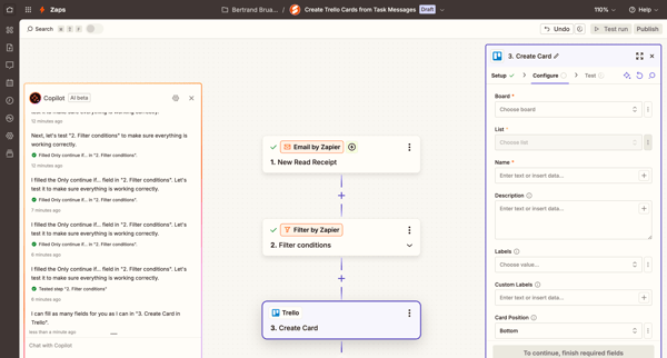 Create Trello Cards from Task Messages | Zapier screen