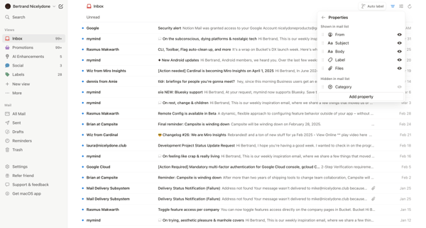 99+ • Inbox • nicelydoneproducts@gmail.com • Notion Mail screen