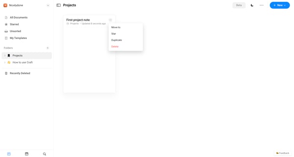 Projects screen