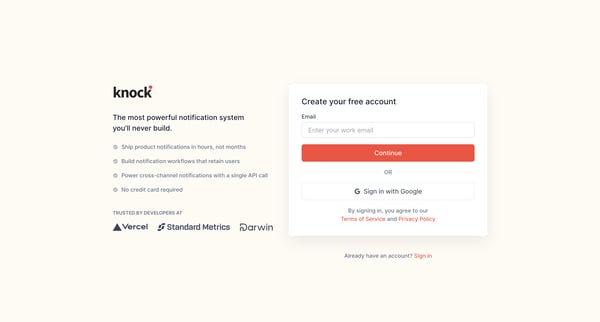 Sign up | Knock screen