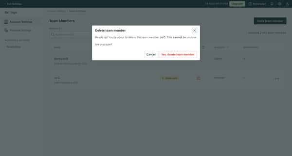 Team members | Account Settings Customer.io screen