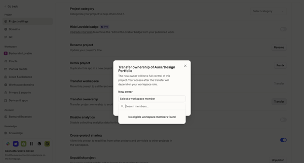 Project settings - Lovable screen