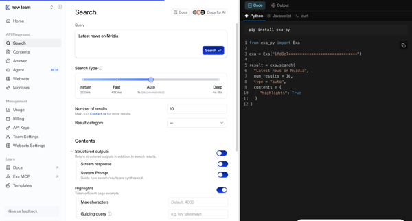 Playground | Exa API screen