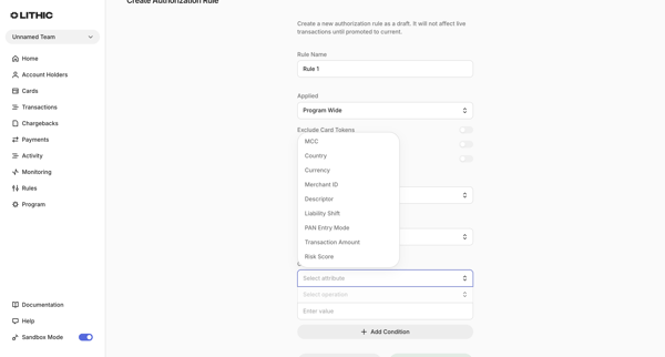 Lithic - Create Authorization Rule screen
