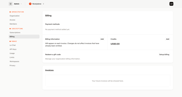 Billing - Admin - Mistral AI screen