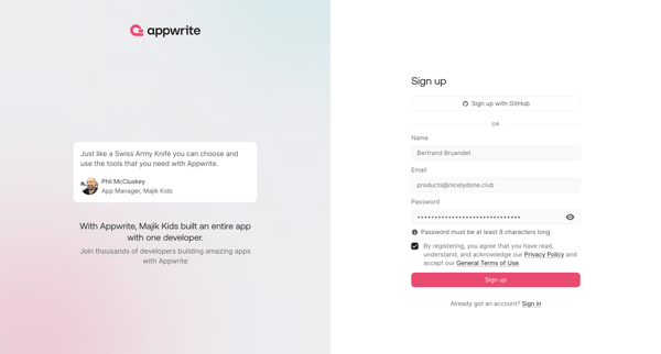 Sign up - Appwrite screen