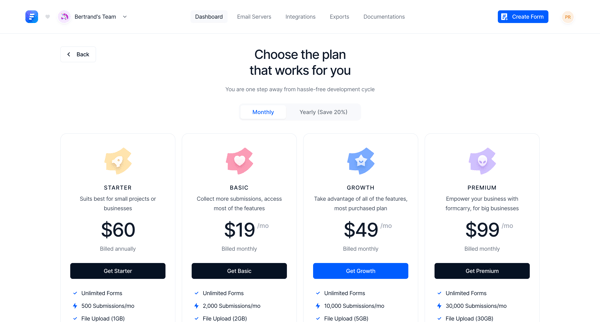 Change Formcarry Plan screen