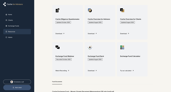 Cache – Resources | Cache for Advisors screen