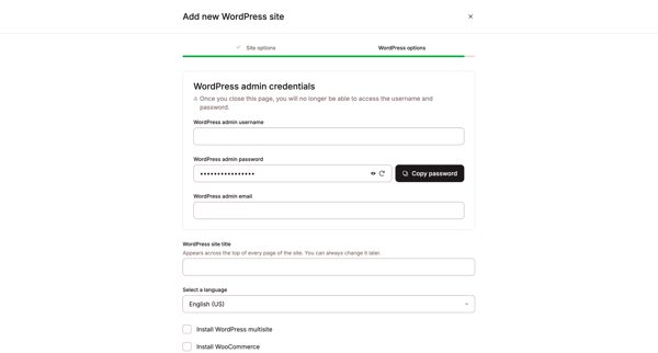 WordPress sites - MyKinsta screen