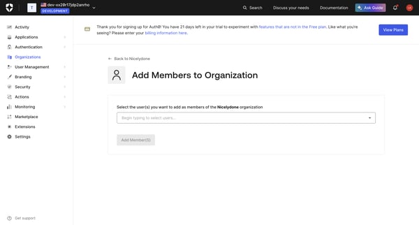 Add Members to Organization screen