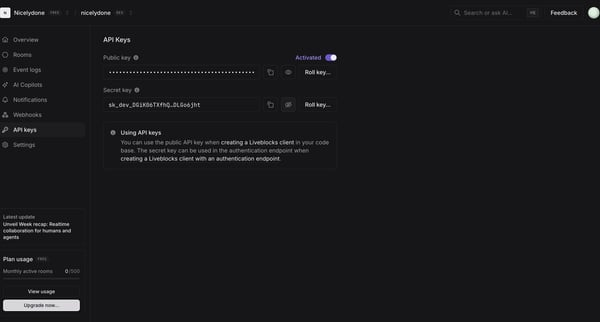 nicelydone (Development) | nicelydone (Development) | API Keys screen