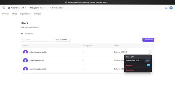 Dashboard | Clerk.com screen