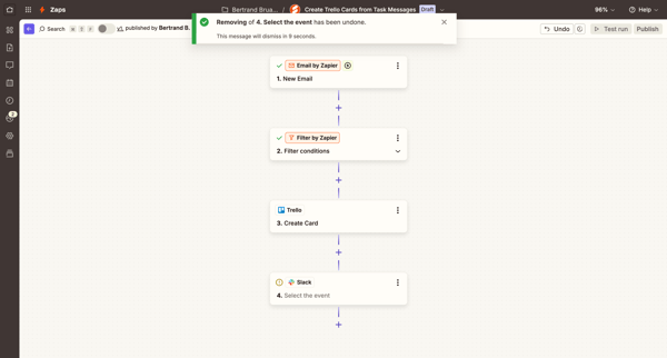 Create Trello Cards from Task Messages | Zapier screen