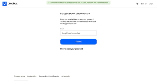 Dropbox - Reset your password screen