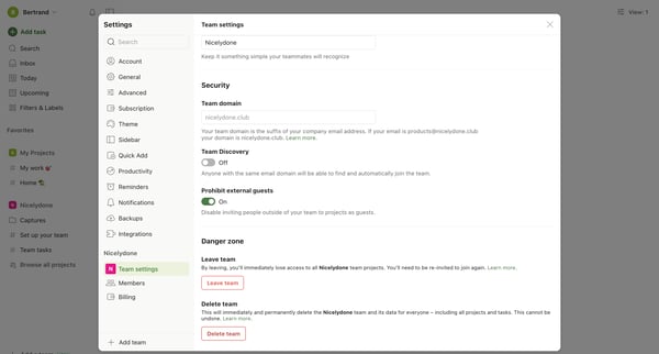 Team settings – Settings – Todoist from Todoist