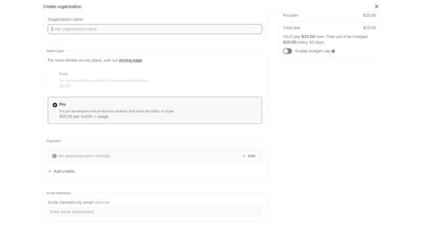 Create organization - Appwrite screen