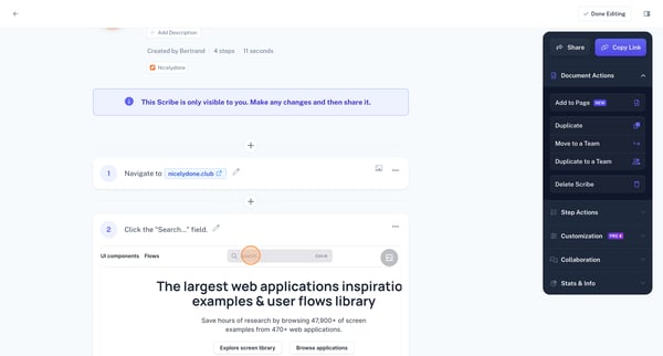 Using NicelyDone.club to Find Finance Product Examples | Scribe screen