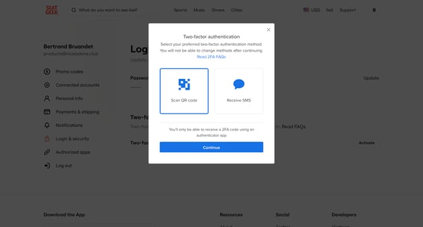 Login | Security  SeatGeek screen