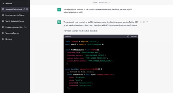 JavaScript Twitter backup to MySQL. from OpenAI