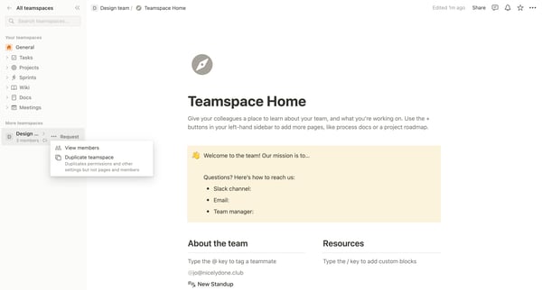 Teamspace Home screen