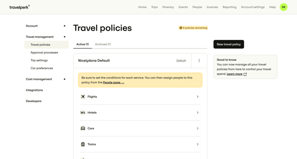 Account settings for Nicelydone — TravelPerk screen