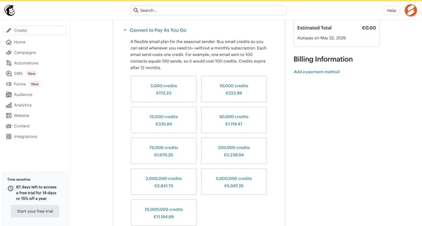 Billing Plans | Mailchimp screen