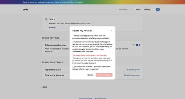 Coda | Account settings screen