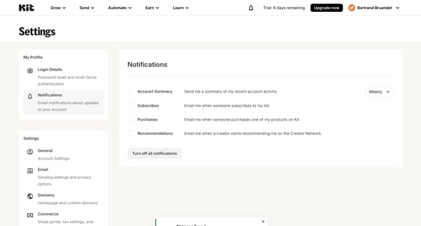 Account Settings - Kit screen