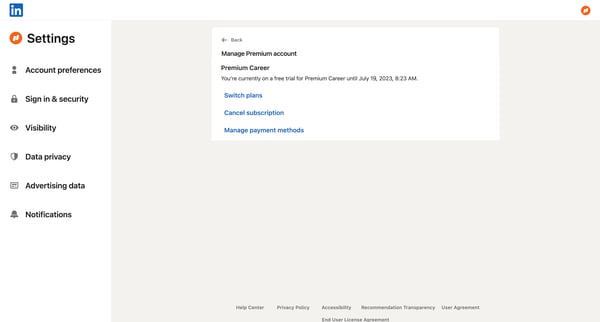 Manage Premium account screen