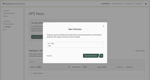 API Keys | Cohere from Cohere