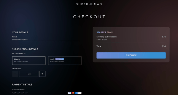 Superhuman | Checkout screen