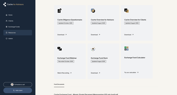 Cache – Resources | Cache for Advisors screen