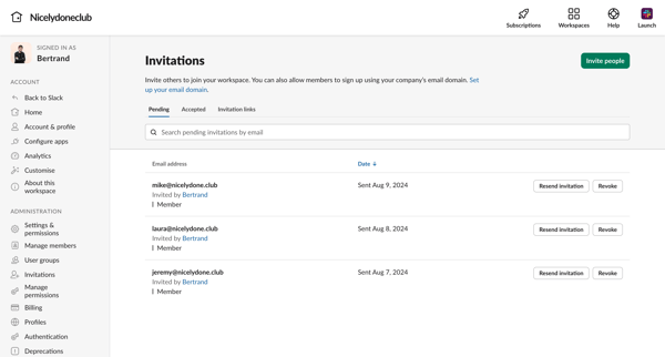 Invitations | Nicelydoneclub Slack screen
