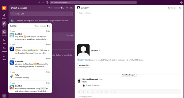 jeremy DM - Nicelydoneclub - Slack screen