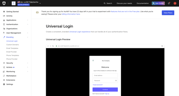 Universal Login Quick Start screen