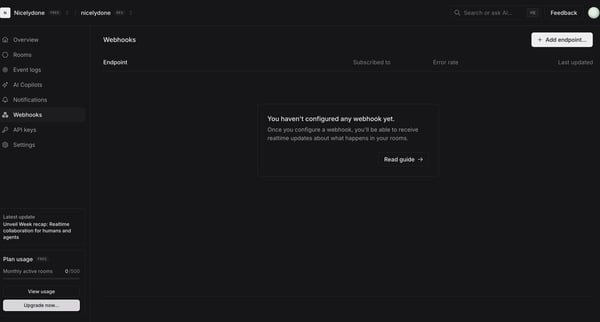 nicelydone (Development) | nicelydone (Development) | Webhooks screen